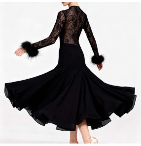 Women ballroom dance dresses black wine lace feather waltz tango foxtrot smooth dance long swing skirts ball party performance gown